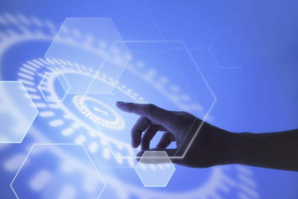 Blockchain คืออะไร ? ทำงานอย่างไร ? 1 hand pointing currency blockchain technology background