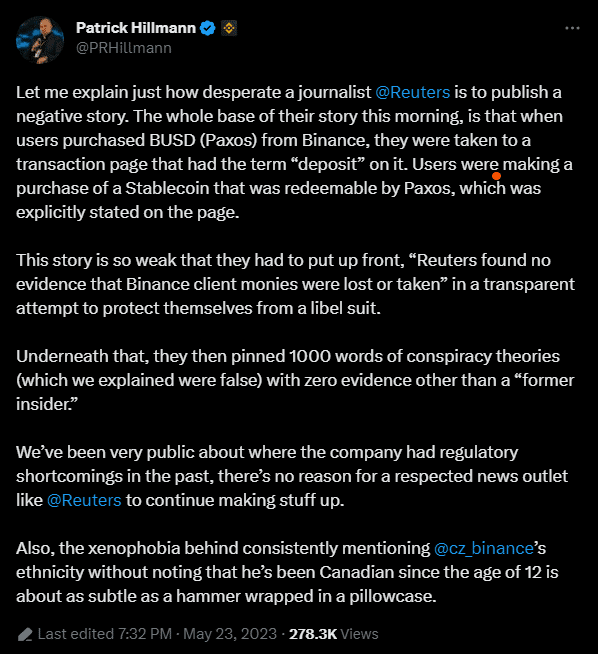 จริงหรือไม่? Binance เคยแอบเก็บเงินลูกค้าแยกไว้ในบัญชีส่วนตัวของ Ceo ในปี 2020 และ 2021 ที่ถูกรายงานโดยรอยเตอร์ 1 binance