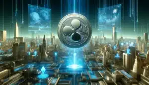 a silver coin with a blue light coming out of the center of a city