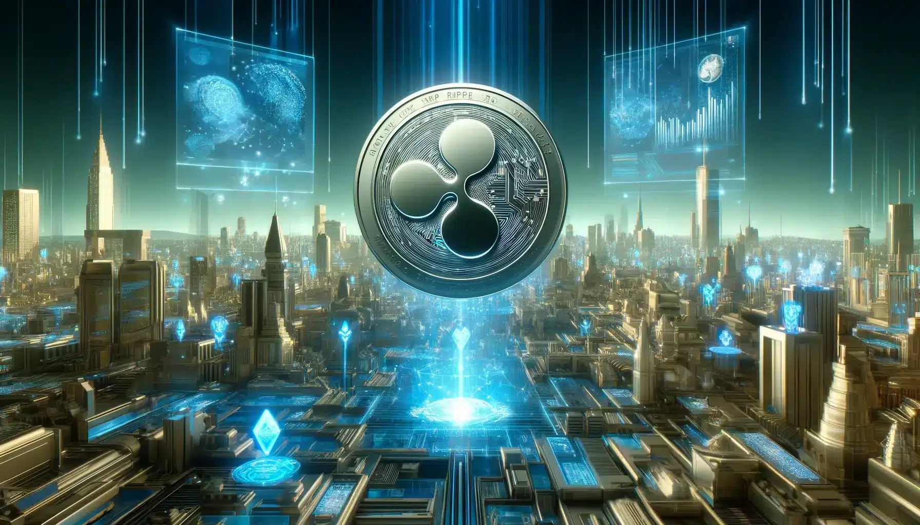 a silver coin with a blue light coming out of the center of a city