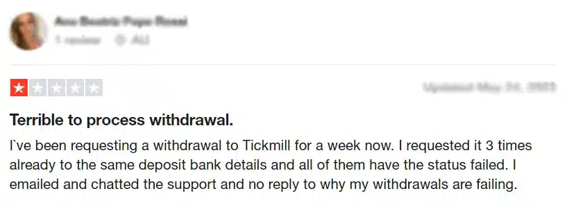 รีวิวโบรกเกอร์ Tickmill ใน trustpilot 2