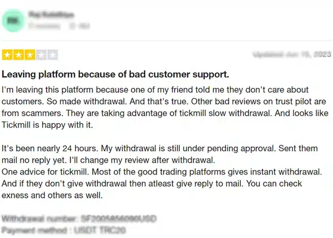 รีวิวโบรกเกอร์ Tickmill ใน trustpilot