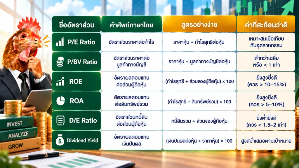 ตารางสรุปอัตราส่วนทางการเงินและคำศัพท์หุ้นพื้นฐาน อัตราส่วนทางการเงิน มีอะไรบ้าง แผนภาพแสดง P/E ROE ROA D/E P/BV และ Dividend Yield
