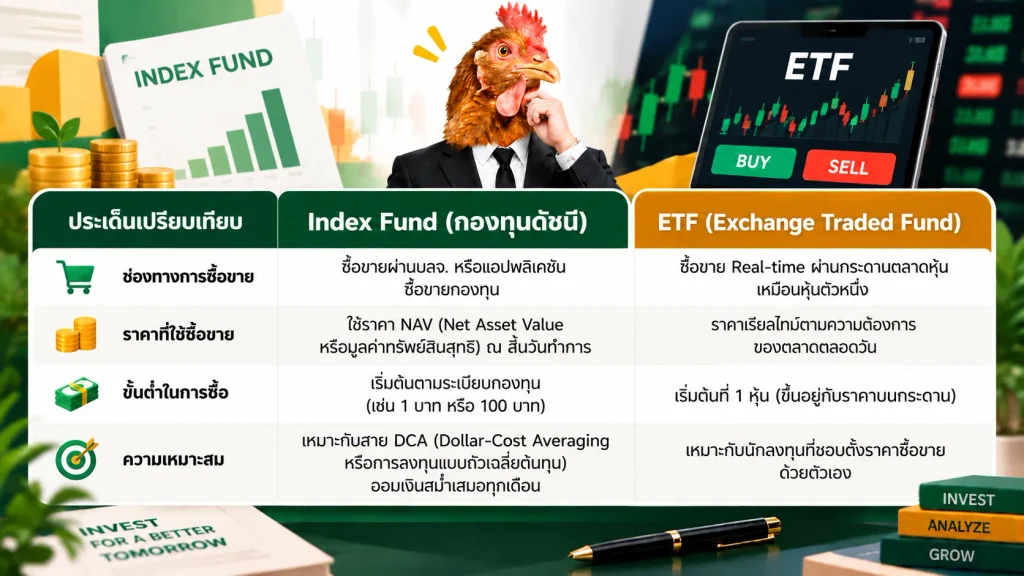 Index Fund คืออะไร ตารางเปรียบเทียบความแตกต่างระหว่าง Index Fund กับ ETF