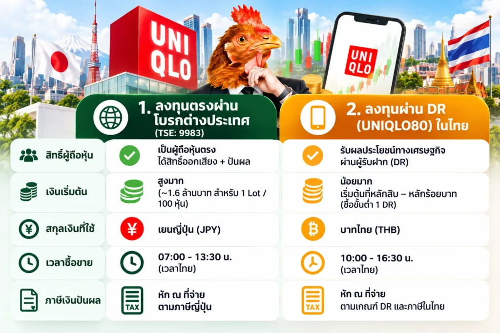 เปรียบเทียบช่องทางการซื้อหุ้น Uniqlo ผ่านโบรกต่างประเทศ vs DR ในไทย เปรียบเทียบช่องทางการซื้อหุ้น Uniqlo ผ่านโบรกต่างประเทศ vs DR ในไทย